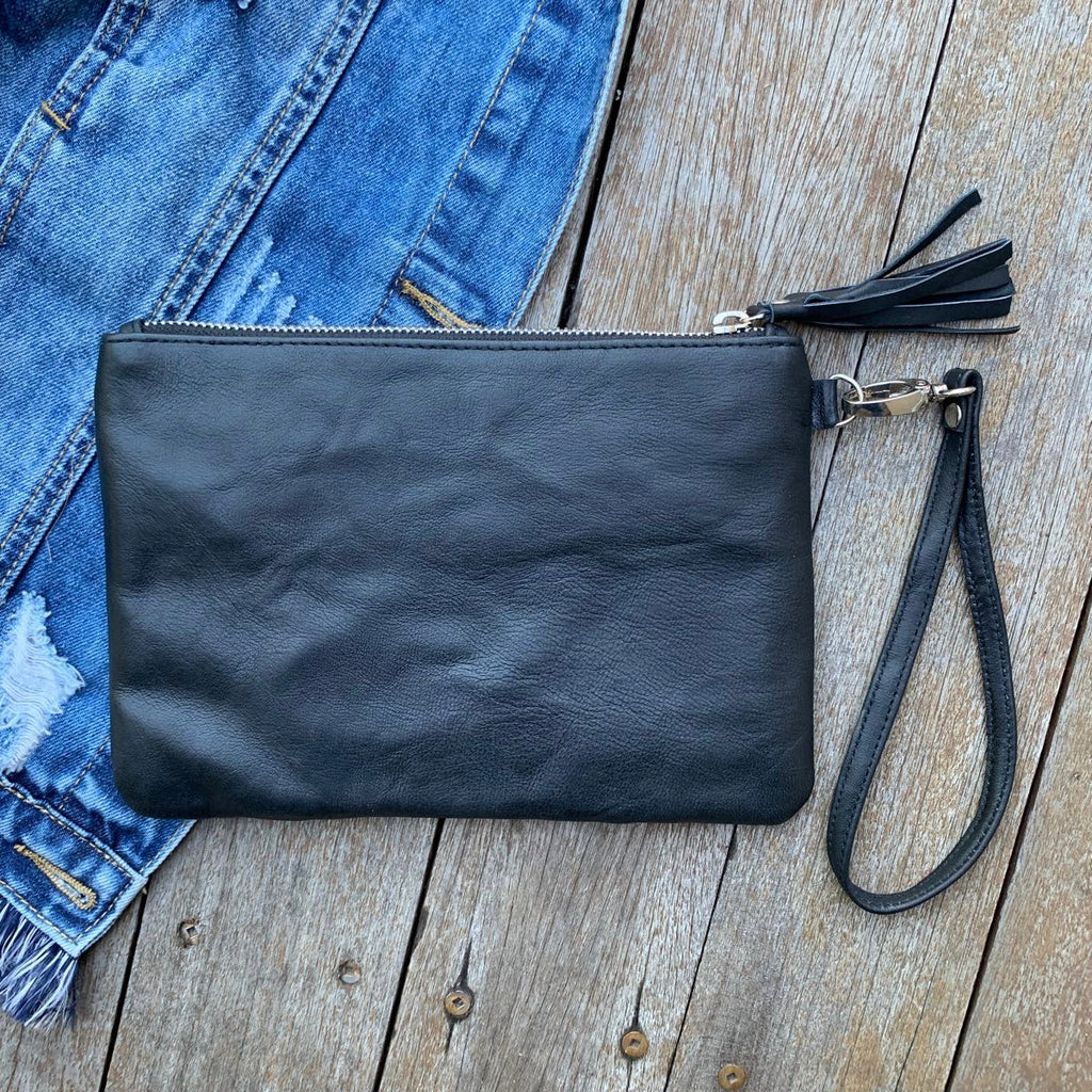 Boho Sunflower Tassel Clutch (Black)